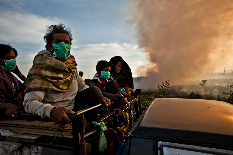 A truck carries villagers who wear masks to protect themselves from the air pollution. The truck passes through smoke rising from fires on recently cleared peatland in the PT Rokan Adiraya Plantation oil palm plantation near Sontang village in Rokan Hulu, Riau, Sumatra.